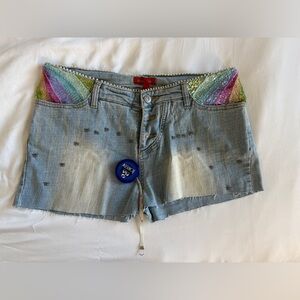 bebe Light Blue Denim Shorts with Rainbow Sequin Accents